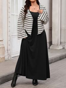 SHEIN Clasi Plus Size Women Striped Long Sleeve Top And Solid Color Dress 2 Pieces Set Fall - Black - View 1
