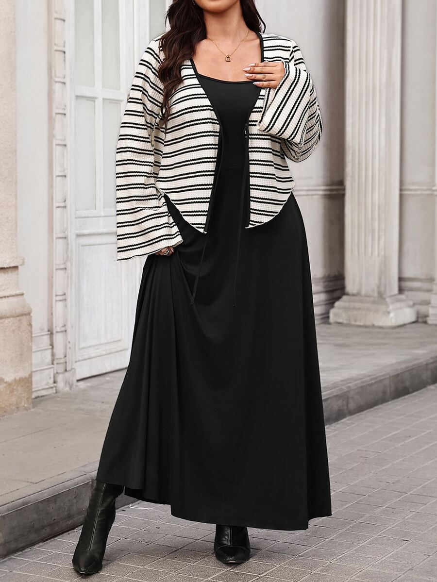 SHEIN Clasi Plus Size Women Striped Long Sleeve Top And Solid Color Dress 2 Pieces Set Fall - Black - View 1