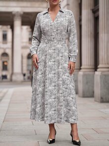 Chikora Mid-Length Overlap Shirt V-Neck Long Sleeve Dress Fall - Black and White - View 1