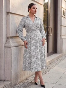 Chikora Mid-Length Overlap Shirt V-Neck Long Sleeve Dress Fall - Black and White - View 4