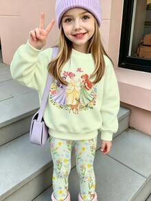 SHEIN 女童卡通公主花卉鹿圖案休閒極簡風圓領長袖衛衣＋內搭褲兩件套，適合秋冬，舒適保暖女童套裝 - 彩色 - 查看 4