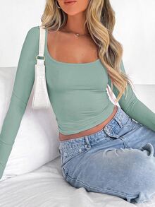 Islaluna Women Simple Solid Color Long Sleeve Casual Top Fall Cloth For Women - Green - View 4