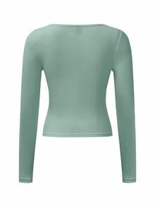 Islaluna Women Simple Solid Color Long Sleeve Casual Top Fall Cloth For Women - Green - View 2