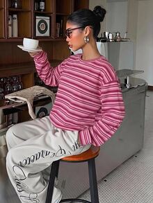 Muchica Women's Striped Colorblock Casual Everyday Long Sleeve Sweatshirt - White - View 3