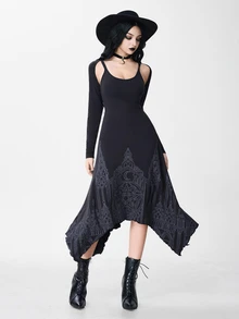 ROMWE Dark Gothic Halloween Outfit Asymmetrical Bat Hem Fitted Spaghetti Strap Dress & Cropped Long Sleeve Tank Top 2 Pieces Set - Black - View 3
