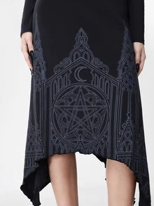 ROMWE Dark Gothic Halloween Outfit Asymmetrical Bat Hem Fitted Spaghetti Strap Dress & Cropped Long Sleeve Tank Top 2 Pieces Set - Black - View 2