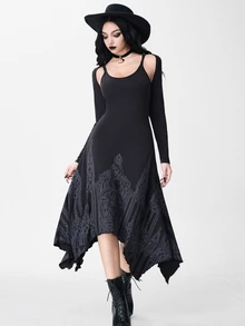ROMWE Dark Gothic Halloween Outfit Asymmetrical Bat Hem Fitted Spaghetti Strap Dress & Cropped Long Sleeve Tank Top 2 Pieces Set - Black - View 1