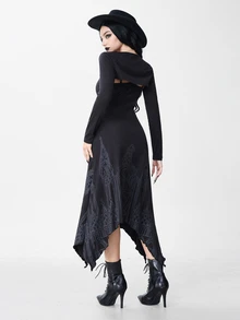 ROMWE Dark Gothic Halloween Outfit Asymmetrical Bat Hem Fitted Spaghetti Strap Dress & Cropped Long Sleeve Tank Top 2 Pieces Set - Black - View 6