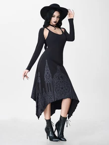 ROMWE Dark Gothic Halloween Outfit Asymmetrical Bat Hem Fitted Spaghetti Strap Dress & Cropped Long Sleeve Tank Top 2 Pieces Set - Black - View 4