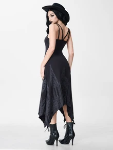 ROMWE Dark Gothic Halloween Outfit Asymmetrical Bat Hem Fitted Spaghetti Strap Dress & Cropped Long Sleeve Tank Top 2 Pieces Set - Black - View 8