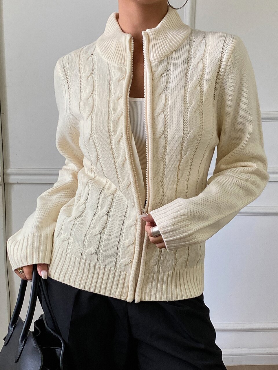 Women's Fashion Versatile Cable Knit Zip-Up Cardigan Fall