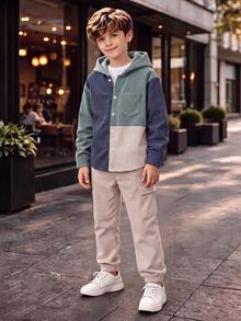 SHEIN Tween Boy Casual Sports College Style Versatile Fleece Colorblock Hooded Jacket And Elastic Waist Long Pants Set, Suitable For Commuting, School, Daily Casual Outings, Sports, Autumn/Winter - Khaki - View 1