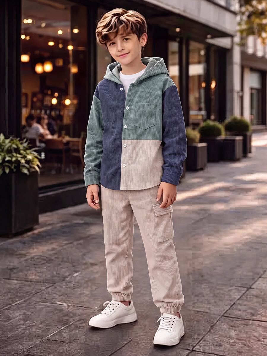SHEIN Tween Boy Casual Sports College Style Versatile Fleece Colorblock Hooded Jacket And Elastic Waist Long Pants Set, Suitable For Commuting, School, Daily Casual Outings, Sports, Autumn/Winter - Khaki - View 1