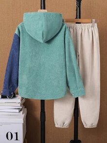 SHEIN Tween Boy Casual Sports College Style Versatile Fleece Colorblock Hooded Jacket And Elastic Waist Long Pants Set, Suitable For Commuting, School, Daily Casual Outings, Sports, Autumn/Winter - Khaki - View 3