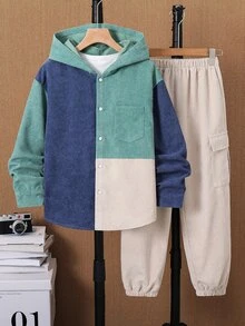 SHEIN Tween Boy Casual Sports College Style Versatile Fleece Colorblock Hooded Jacket And Elastic Waist Long Pants Set, Suitable For Commuting, School, Daily Casual Outings, Sports, Autumn/Winter - Khaki - View 6