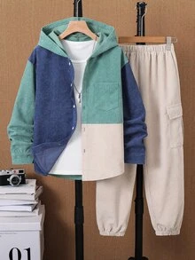 SHEIN Tween Boy Casual Sports College Style Versatile Fleece Colorblock Hooded Jacket And Elastic Waist Long Pants Set, Suitable For Commuting, School, Daily Casual Outings, Sports, Autumn/Winter - Khaki - View 4