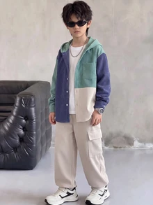 SHEIN Tween Boy Casual Sports College Style Versatile Fleece Colorblock Hooded Jacket And Elastic Waist Long Pants Set, Suitable For Commuting, School, Daily Casual Outings, Sports, Autumn/Winter - Khaki - View 2