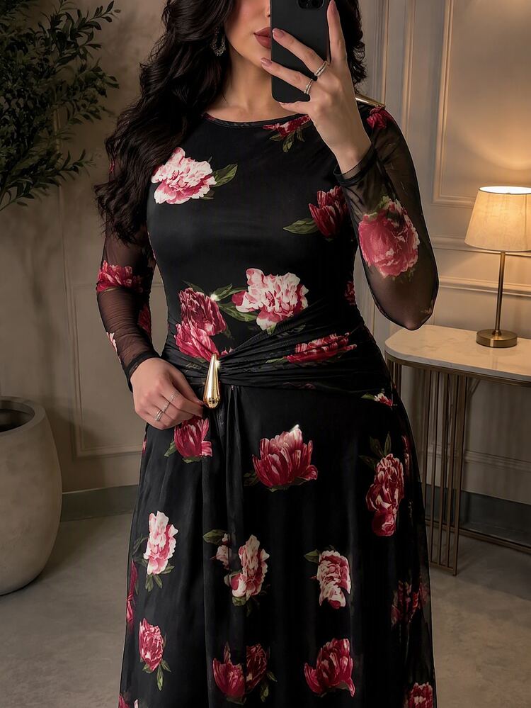Modelyn Plus Size Floral Print Metal Decor Pleated Long Sleeve Vacation Dress - Multicolor - View 1