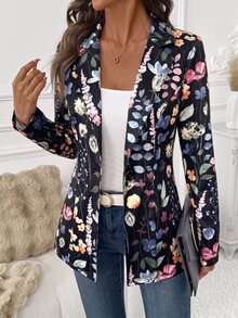 Editum Blazer Kasual Lengan Panjang Kerah Bermotif Bunga untuk Wanita - Hitam - View 8
