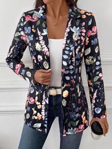 Editum Blazer Kasual Lengan Panjang Kerah Bermotif Bunga untuk Wanita - Hitam - View 6