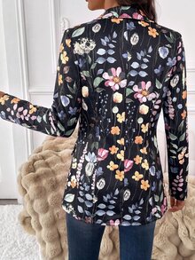 Editum Blazer Kasual Lengan Panjang Kerah Bermotif Bunga untuk Wanita - Hitam - View 3
