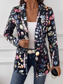 Editum Blazer Kasual Lengan Panjang Kerah Bermotif Bunga untuk Wanita - Hitam - View 4