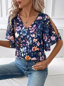 Editum Women's Floral Print Off-Shoulder Blouse Vacation Navy Blue Floral Summer Romantic Elegant - Navy Blue - View 7