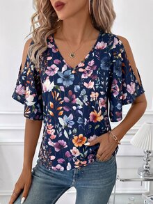 Editum Women's Floral Print Off-Shoulder Blouse Vacation Navy Blue Floral Summer Romantic Elegant - Navy Blue - View 5