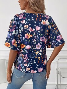 Editum Women's Floral Print Off-Shoulder Blouse Vacation Navy Blue Floral Summer Romantic Elegant - Navy Blue - View 2