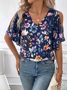 Editum Women's Floral Print Off-Shoulder Blouse Vacation Navy Blue Floral Summer Romantic Elegant - Navy Blue - View 6