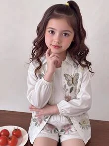 女童 3 件套：3D 印花休閒襯衫、細肩帶背心與短褲，鑽石圖案萬聖節/聖誕派對穿搭 - 彩色 - 查看 3