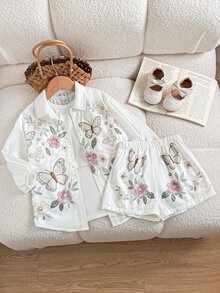 女童 3 件套：3D 印花休閒襯衫、細肩帶背心與短褲，鑽石圖案萬聖節/聖誕派對穿搭 - 彩色 - 查看 7