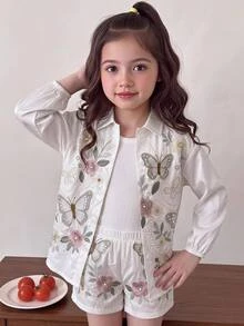 女童 3 件套：3D 印花休閒襯衫、細肩帶背心與短褲，鑽石圖案萬聖節/聖誕派對穿搭 - 彩色 - 查看 2