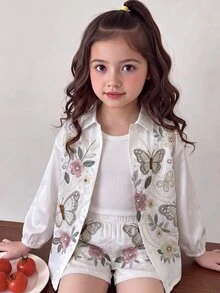 女童 3 件套：3D 印花休閒襯衫、細肩帶背心與短褲，鑽石圖案萬聖節/聖誕派對穿搭 - 彩色 - 查看 1