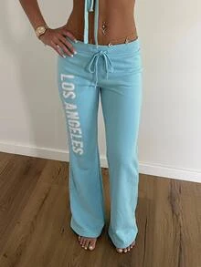 CovetEZ 女款極簡拼接刺繡抽繩腰寬腿運動長褲 - 水鴨藍 - 查看 2