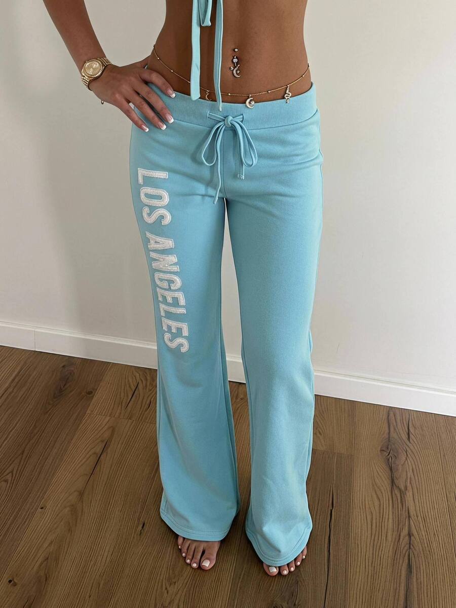 CovetEZ Women's Minimalist Patchwork Embroidered Drawstring Waist Flared Sweatpants - Teal Blue - View 1