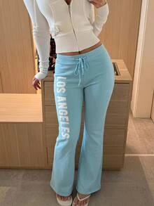 CovetEZ 女款極簡拼接刺繡抽繩腰寬腿運動長褲 - 水鴨藍 - 查看 8