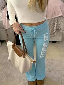CovetEZ 女款極簡拼接刺繡抽繩腰寬腿運動長褲 - 水鴨藍 - 查看 6