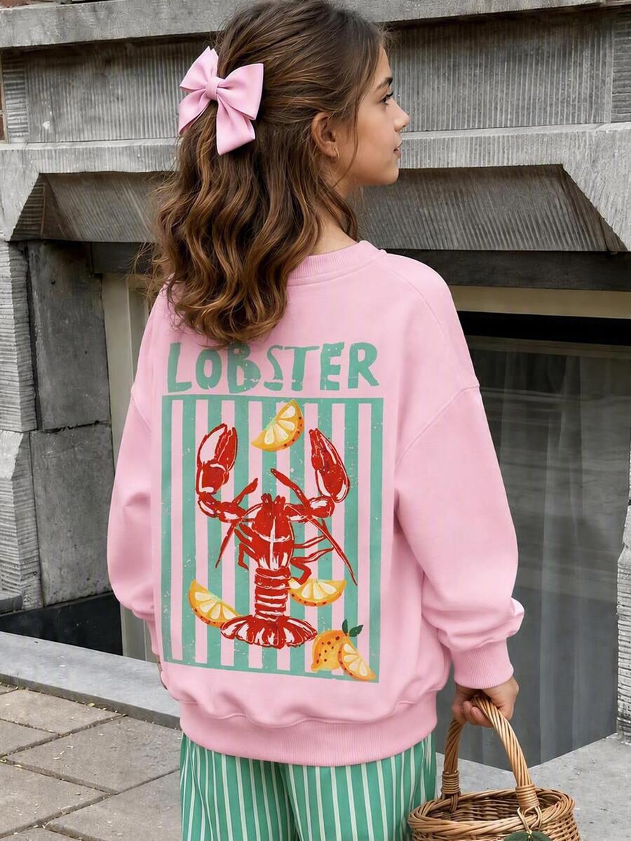 SHEIN 青少年女孩字母與龍蝦印花圓領落肩長袖休閒秋季運動衫 - 粉色 - 查看 1