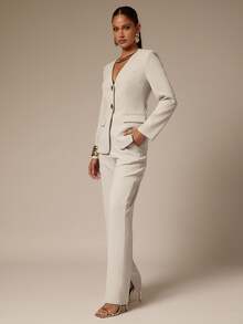 SHEIN BAE CURVE Plus Size Women's Straight Leg Casual Apricot Suit Pants With Pockets Casual Solid Color Split Hem Suit Pants,Fall,Back To School,Old Money Style, - Beige - View 7