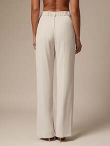 SHEIN BAE CURVE Plus Size Women's Straight Leg Casual Apricot Suit Pants With Pockets Casual Solid Color Split Hem Suit Pants,Fall,Back To School,Old Money Style, - Beige - View 4