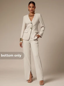 SHEIN BAE CURVE Plus Size Women's Straight Leg Casual Apricot Suit Pants With Pockets Casual Solid Color Split Hem Suit Pants,Fall,Back To School,Old Money Style, - Beige - View 1