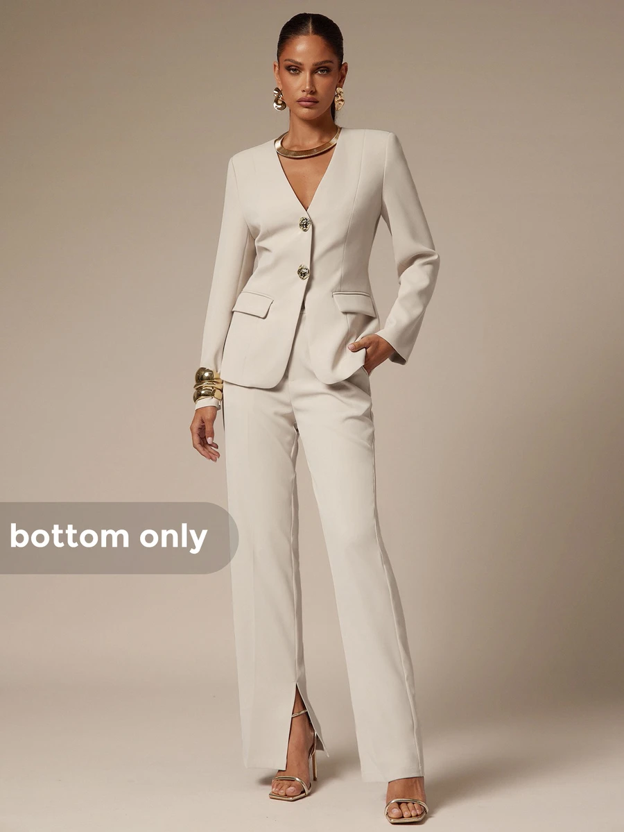 SHEIN BAE CURVE Plus Size Women's Straight Leg Casual Apricot Suit Pants With Pockets Casual Solid Color Split Hem Suit Pants,Fall,Back To School,Old Money Style, - Beige - View 1