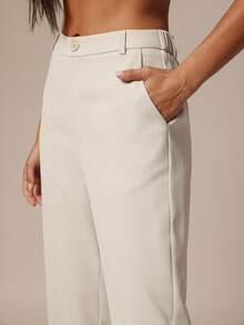 SHEIN BAE CURVE Plus Size Women's Straight Leg Casual Apricot Suit Pants With Pockets Casual Solid Color Split Hem Suit Pants,Fall,Back To School,Old Money Style, - Beige - View 6