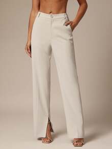 SHEIN BAE CURVE Plus Size Women's Straight Leg Casual Apricot Suit Pants With Pockets Casual Solid Color Split Hem Suit Pants,Fall,Back To School,Old Money Style, - Beige - View 3