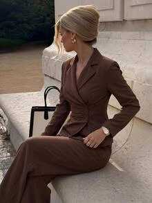 Lumalex Fall Chocolate Brown Wrap Blazer With Notched Lapel Asymmetric Button Front Ruched Waist Panel Back Waist Tie Long Sleeves Tailored Suit Jacket Autumn - Brown - View 4