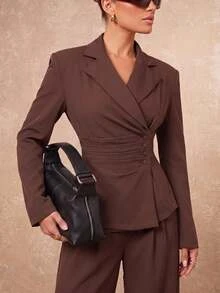 Lumalex Fall Chocolate Brown Wrap Blazer With Notched Lapel Asymmetric Button Front Ruched Waist Panel Back Waist Tie Long Sleeves Tailored Suit Jacket Autumn - Brown - View 2