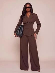 Lumalex Fall Chocolate Brown Wrap Blazer With Notched Lapel Asymmetric Button Front Ruched Waist Panel Back Waist Tie Long Sleeves Tailored Suit Jacket Autumn - Brown - View 3