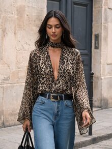 Firerie Vintage Leopard Print Deep V-Neck Halter Chiffon Blouse Loose Flared Sleeve Casual Top - Multicolor - View 8