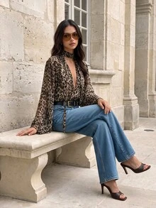 Firerie Vintage Leopard Print Deep V-Neck Halter Chiffon Blouse Loose Flared Sleeve Casual Top - Multicolor - View 5